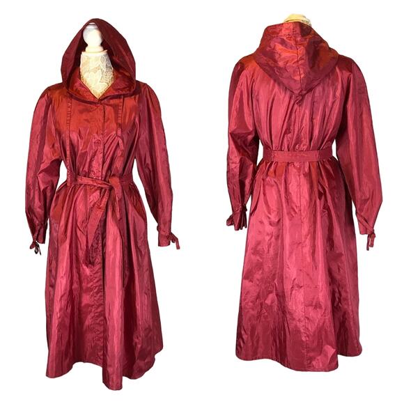 1990s Messages Red Iridescent Hooded Taffeta Belted Coat Made in Hong Kong M - Picture 2 of 13